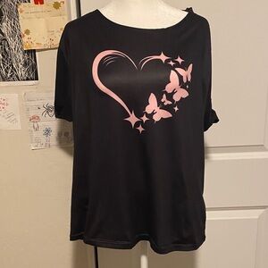 Black T-Shirt with Pink Heart and Butterflies
